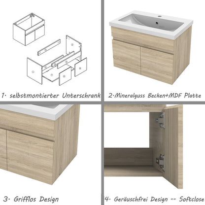 Badezimmer Badmöbel 60cm Mineralguss Waschtisch mit Unterschrank Hängeschrank Eiche Matt Badezimmerschränke Badschrank mit 2 Soft-Close Türen