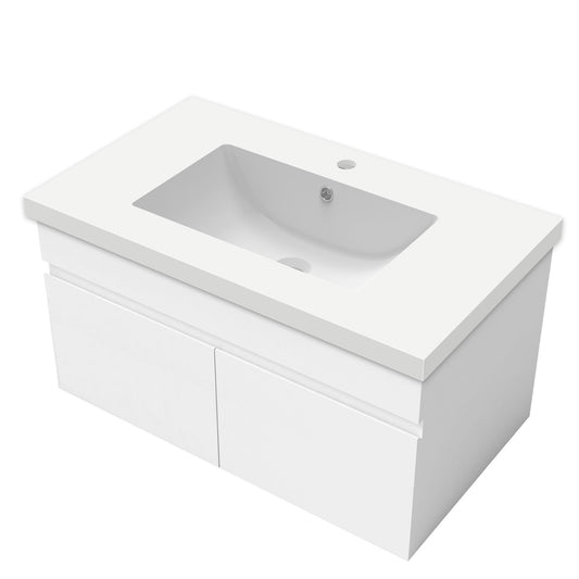 Badezimmer Badmöbel 80cm Mineralguss Waschtisch mit Unterschrank Hängeschrank Weiß Matt Badezimmerschränke Badschrank mit 2 Soft-Close Türen