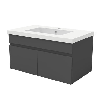 Badezimmer Badmöbel 80cm Mineralguss Waschtisch mit Unterschrank Hängeschrank Dunkelgrau Matt Badezimmerschränke Badschrank mit 2 Soft-Close Türen