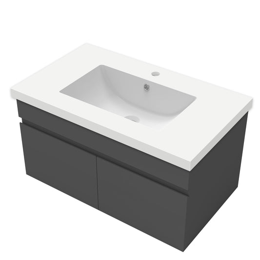 Badezimmer Badmöbel 80cm Mineralguss Waschtisch mit Unterschrank Hängeschrank Dunkelgrau Matt Badezimmerschränke Badschrank mit 2 Soft-Close Türen