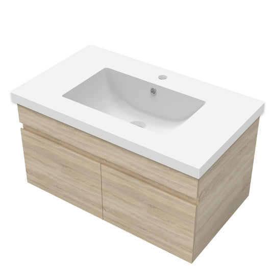 Badezimmer Badmöbel 80cm Mineralguss Waschtisch mit Unterschrank Hängeschrank Eiche Matt Badezimmerschränke Badschrank mit 2 Soft-Close Türen