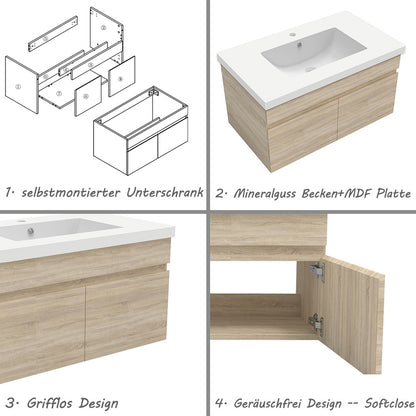 Badezimmer Badmöbel 80cm Mineralguss Waschtisch mit Unterschrank Hängeschrank Eiche Matt Badezimmerschränke Badschrank mit 2 Soft-Close Türen
