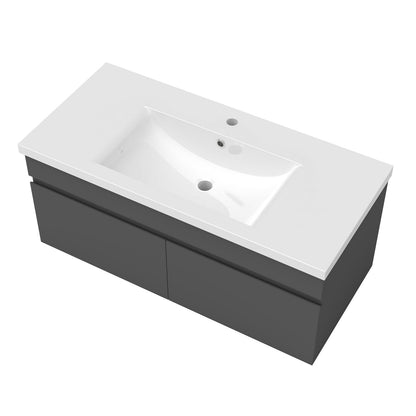 Badezimmer Badmöbel 100cm Mineralguss Waschtisch mit Unterschrank Hängeschrank Dunkelgrau Matt Badezimmerschränke Badschrank mit 2 Soft-Close Türen