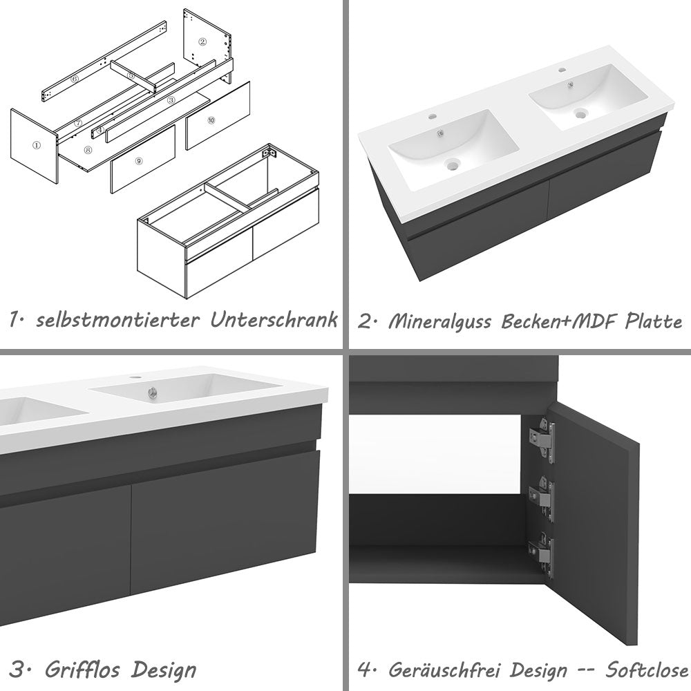 Badezimmer Badmöbel 120cm Mineralguss Waschtisch mit Unterschrank Hängeschrank Dunkelgrau Matt Badezimmerschränke Badschrank mit 2 Soft-Close Türen