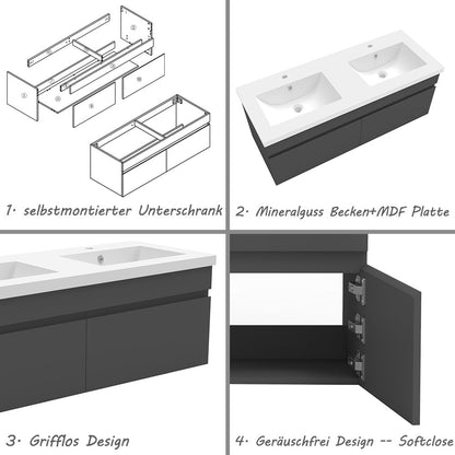 Badezimmer Badmöbel 120cm Mineralguss Waschtisch mit Unterschrank Hängeschrank Dunkelgrau Matt Badezimmerschränke Badschrank mit 2 Soft-Close Türen