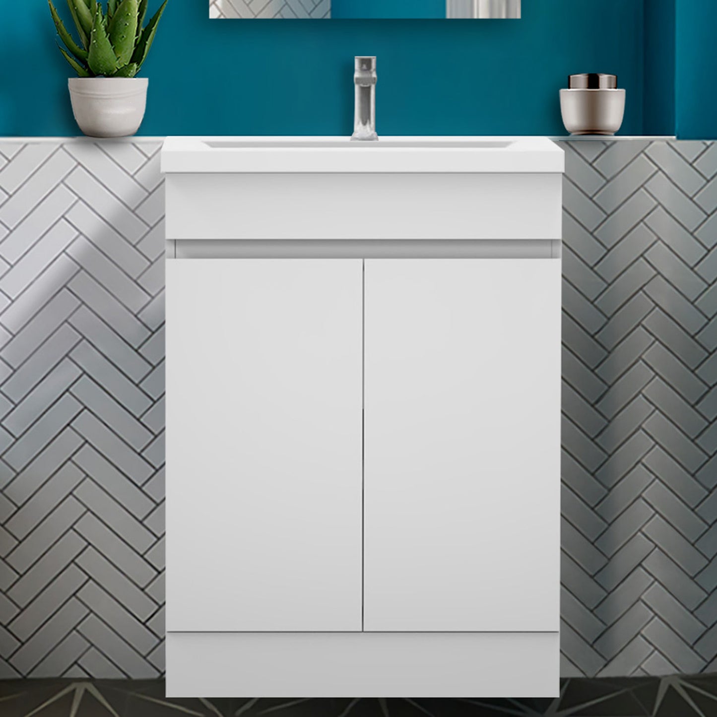 Badmöbel Set 60 cm Breit Weiß Matt Badezimmermöbel Keramik waschbecken mit unterschrank 2 Soft-Close Türen Standschrank