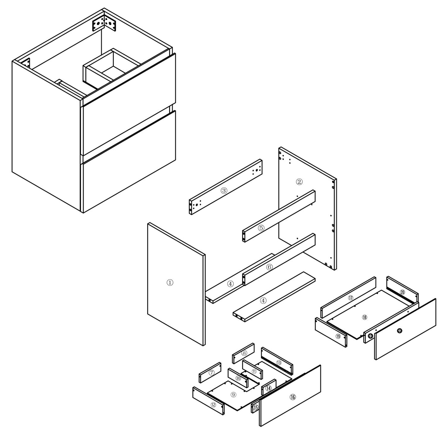 Badezimmermöbel 60cm Mineralguss Waschtisch mit Unterschrank Badmöbel set Badezimmerschränke mit 2 Soft-Close Schubladen Eiche Matt