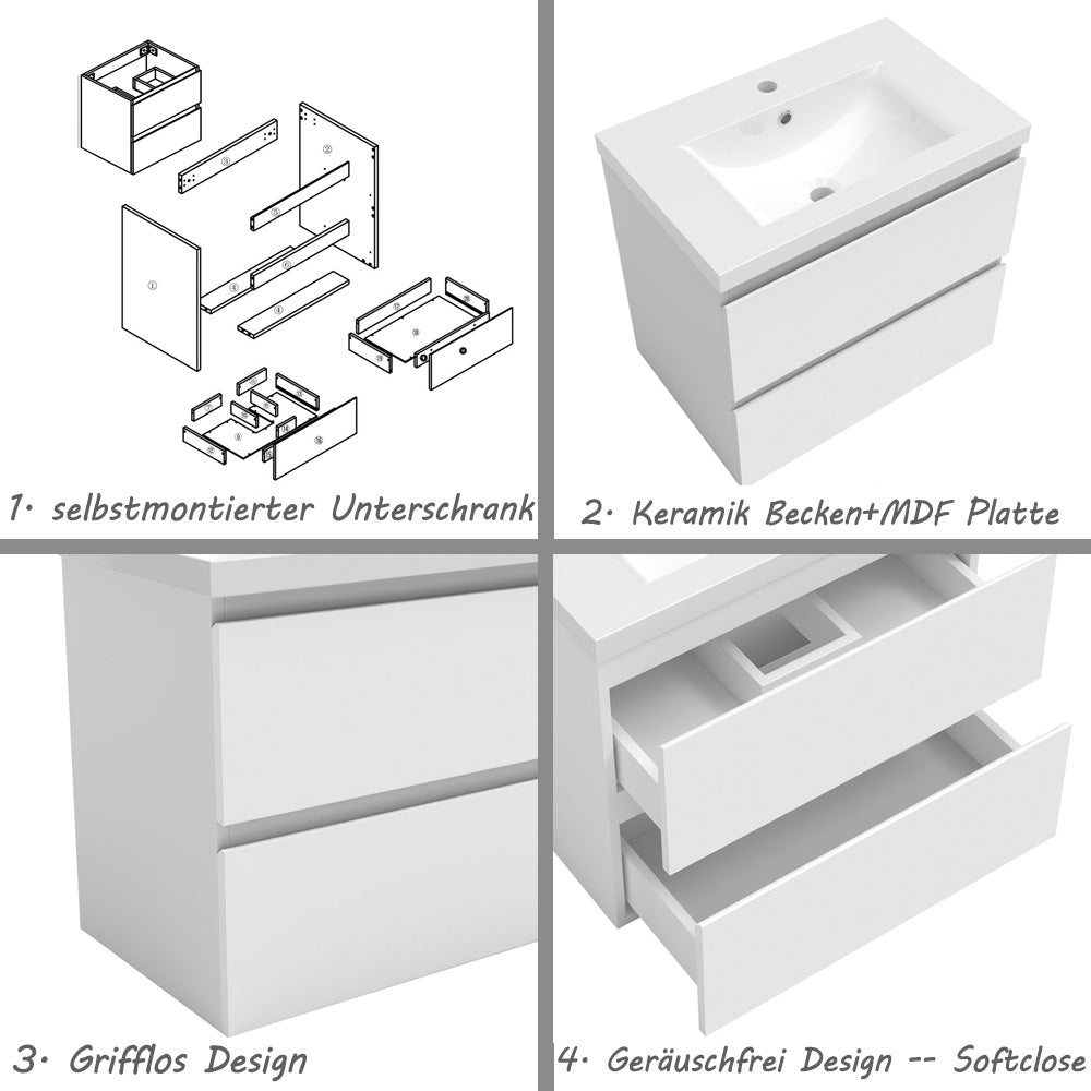 Badezimmermöbel 60cm Dickes Keramik Waschtisch mit Unterschrank Badmöbel set Badezimmerschränke mit 2 Soft-Close Schubladen Weiß Matt