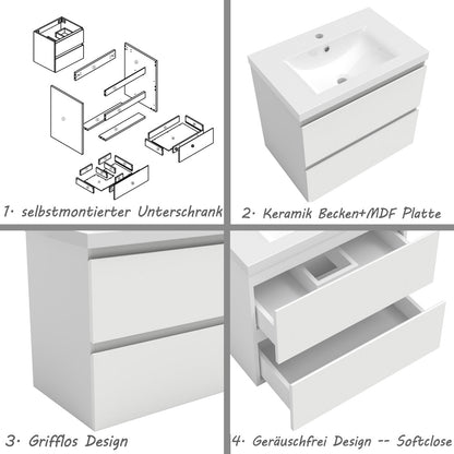 Badezimmermöbel 60cm Dickes Keramik Waschtisch mit Unterschrank Badmöbel set Badezimmerschränke mit 2 Soft-Close Schubladen Weiß Matt