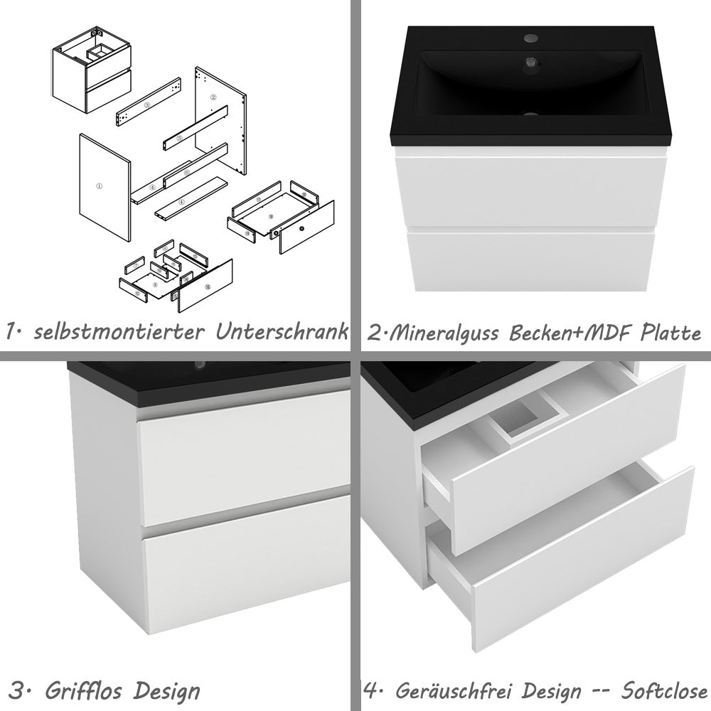 Badezimmermöbel 60cm Schwarz Mineralguss Waschtisch mit Unterschrank Badmöbel set Badezimmerschränke mit 2 Soft-Close Schubladen Weiß Matt