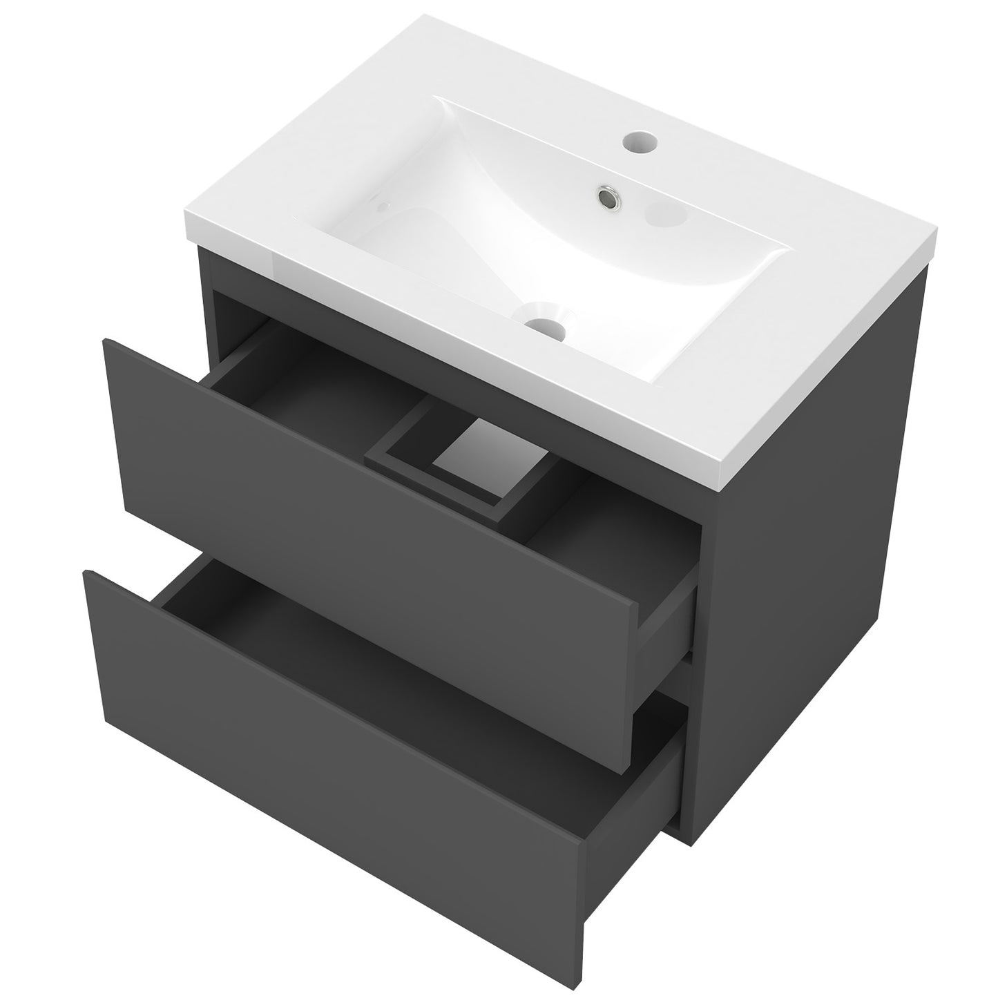 Badezimmermöbel 60cm Dickes Keramik Waschtisch mit Unterschrank Badmöbel set Badezimmerschränke mit 2 Soft-Close Schubladen Dunkelgrau Matt