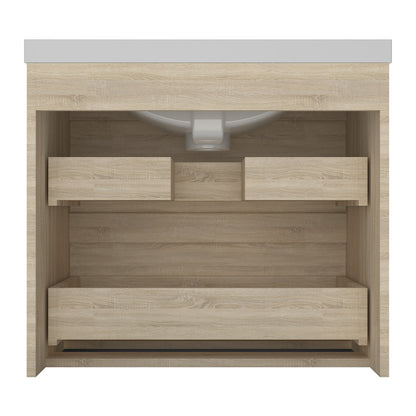 Badezimmermöbel 60cm Dickes Keramik Waschtisch mit Unterschrank Badmöbel set Badezimmerschränke mit 2 Soft-Close Schubladen Eiche Matt