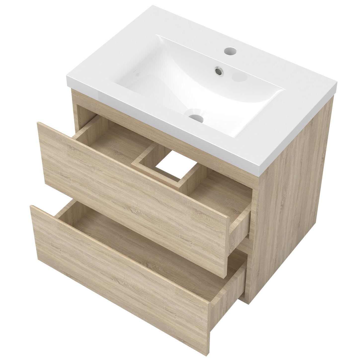 Badezimmermöbel 60cm Dickes Keramik Waschtisch mit Unterschrank Badmöbel set Badezimmerschränke mit 2 Soft-Close Schubladen Eiche Matt
