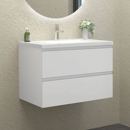Badezimmermöbel 80cm Mineralguss Waschtisch mit Unterschrank Badmöbel set Badezimmerschränke mit 2 Soft-Close Schubladen Weiß Matt