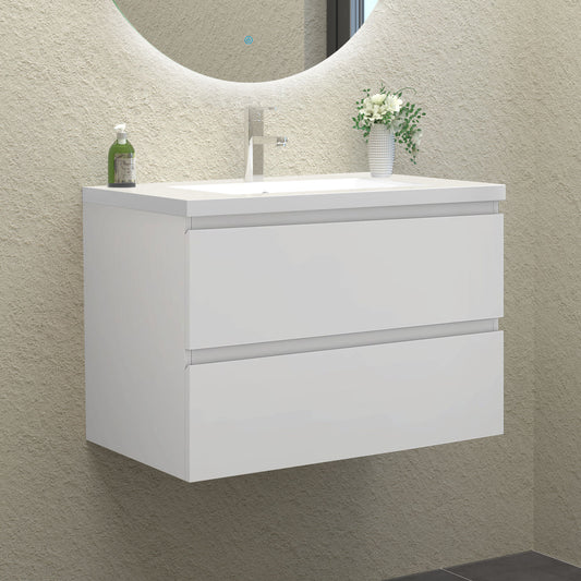 Badezimmermöbel 80cm Mineralguss Waschtisch mit Unterschrank Badmöbel set Badezimmerschränke mit 2 Soft-Close Schubladen Weiß Matt
