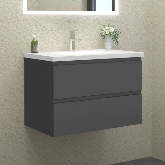 Badezimmermöbel 80cm Mineralguss Waschtisch mit Unterschrank Badmöbel set Badezimmerschränke mit 2 Soft-Close Schubladen Dunkelgrau Matt