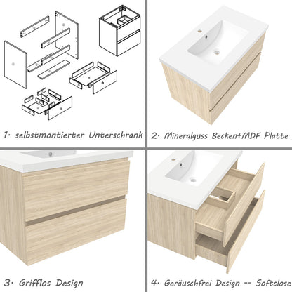 Waschtisch mit Unterschrank 80 cm Badmöbel Set Waschbecken mit Unterschrank Eiche Matt Softclose