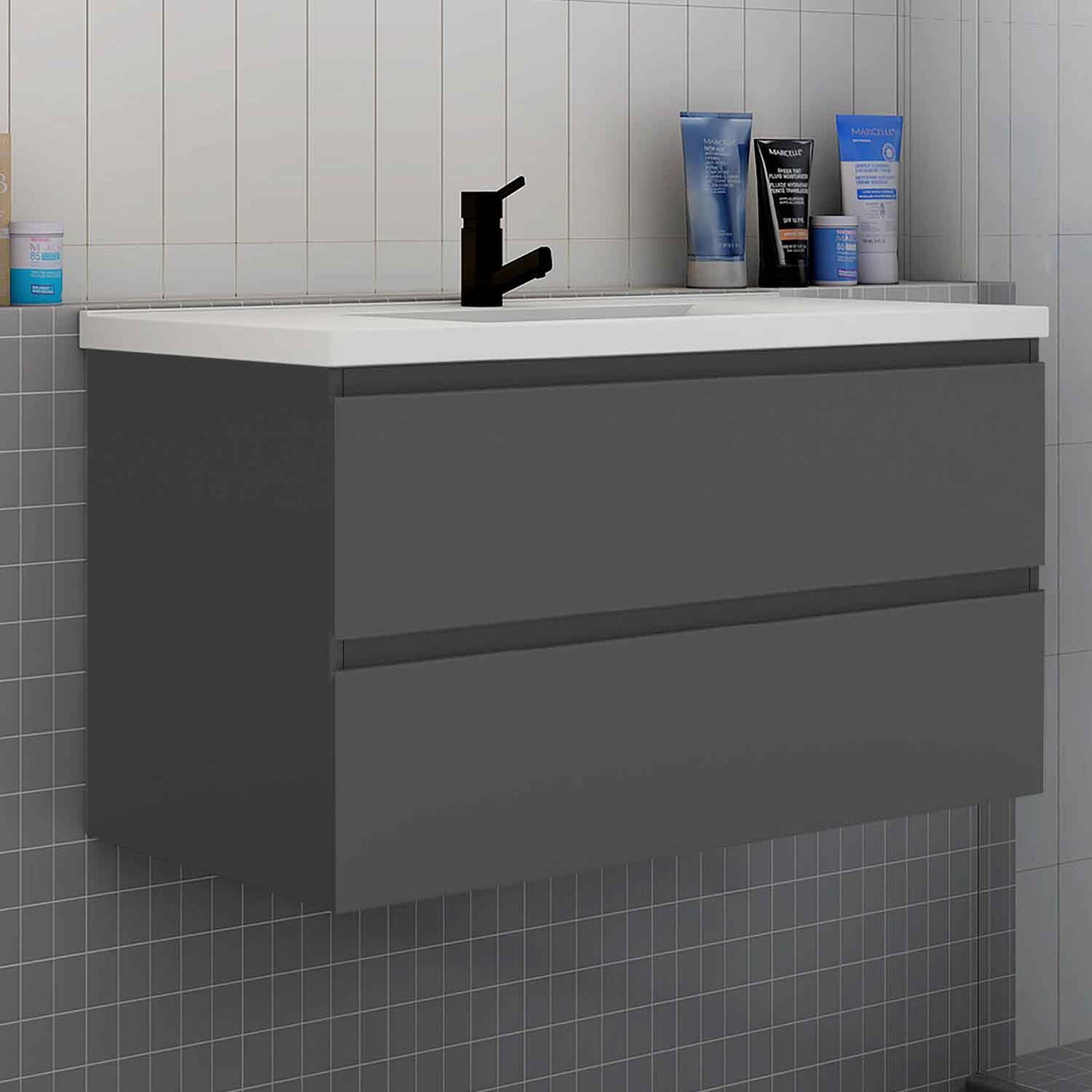 Badmöbel Set 100 cm Anthrazit Waschbecken mit Unterschrank Soft-Close