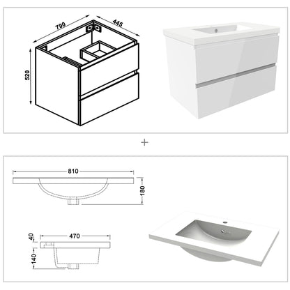Badezimmermöbel 80cm Mineralguss Waschtisch mit Unterschrank Badmöbel set Badezimmerschränke mit 2 Soft-Close Schubladen Hochglanz Weiß