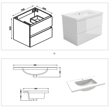 Badezimmermöbel 80cm Keramik Waschtisch mit Unterschrank Badmöbel set Badezimmerschränke mit 2 Soft-Close Schubladen Hochglanz Weiß