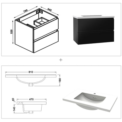 Badezimmermöbel 80cm Mineralguss Waschtisch mit Unterschrank Badmöbel set Badezimmerschränke mit 2 Soft-Close Schubladen Hochglanz Schwarz