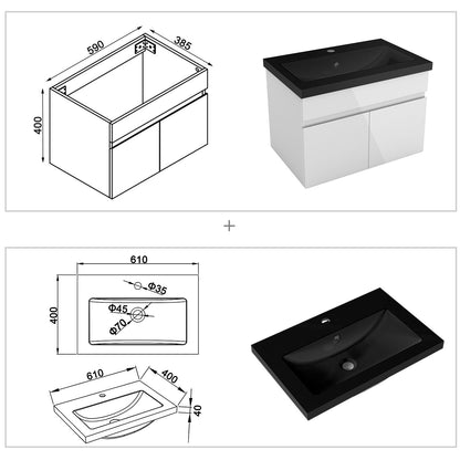 Badezimmer Badmöbel 60cm Schwarz Mineralguss Waschtisch mit Unterschrank Hängeschrank Hochglanz Weiß Badezimmerschränke Badschrank mit 2 Soft-Close Türen