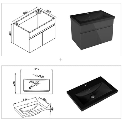 Badezimmer Badmöbel 60cm Schwarz Mineralguss Waschtisch mit Unterschrank Hängeschrank Hochglanz Dunkelgrau Badezimmerschränke Badschrank mit 2 Soft-Close Türen