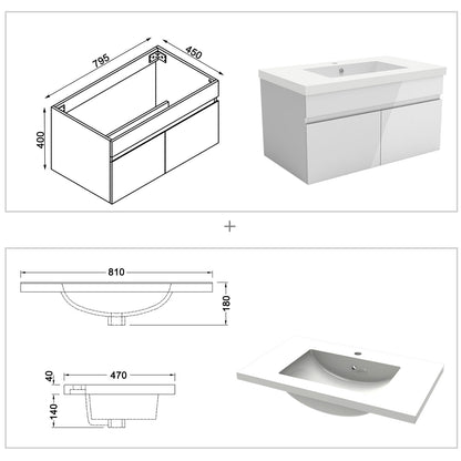 Badezimmer Badmöbel 80cm Mineralguss Waschtisch mit Unterschrank Hängeschrank Hochglanz Weiß Badezimmerschränke Badschrank mit 2 Soft-Close Türen