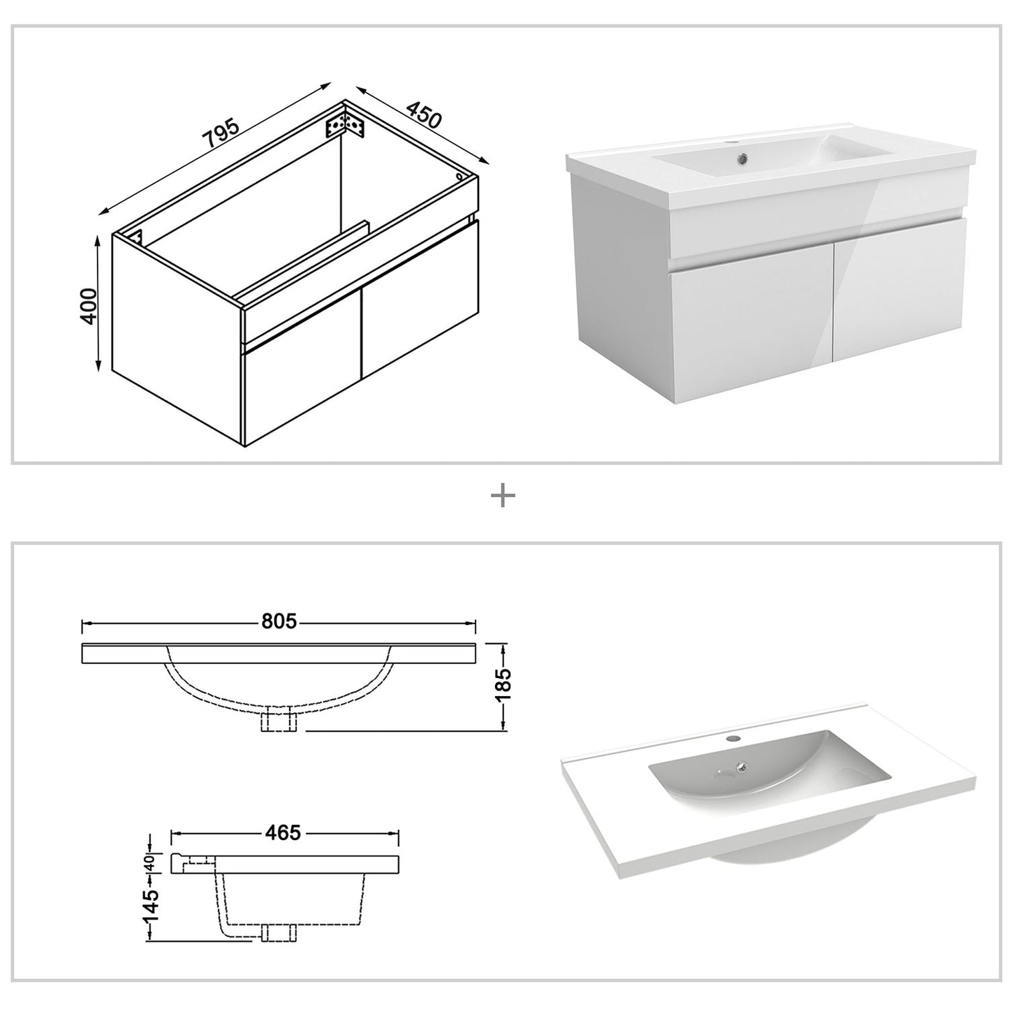 Badezimmer Badmöbel 80cm Keramik Waschtisch mit Unterschrank Hängeschrank Hochglanz Weiß Badezimmerschränke Badschrank mit 2 Soft-Close Türen