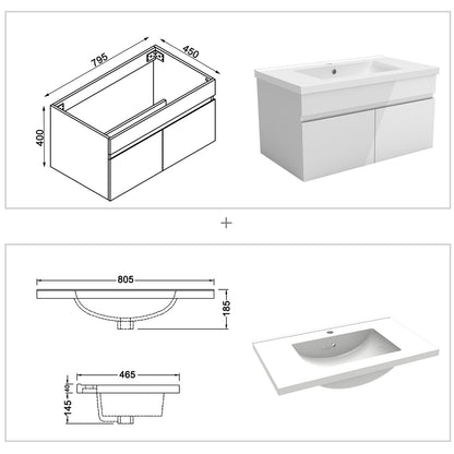 Badezimmer Badmöbel 80cm Keramik Waschtisch mit Unterschrank Hängeschrank Hochglanz Weiß Badezimmerschränke Badschrank mit 2 Soft-Close Türen