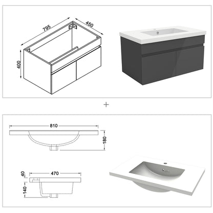 Badezimmer Badmöbel 80cm Mineralguss Waschtisch mit Unterschrank Hängeschrank Hochglanz Dunkelgrau Badezimmerschränke Badschrank mit 2 Soft-Close Türen