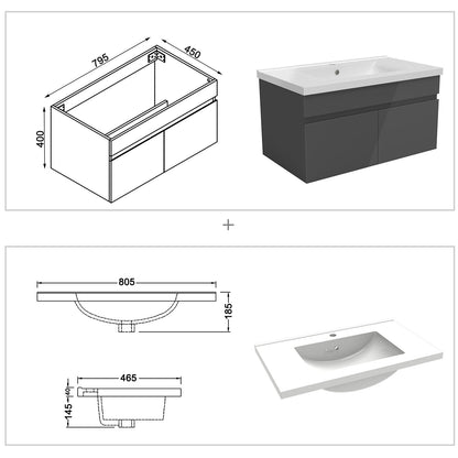 Badezimmer Badmöbel 80cm Keramik Waschtisch mit Unterschrank Hängeschrank Hochglanz Dunkelgrau Badezimmerschränke Badschrank mit 2 Soft-Close Türen
