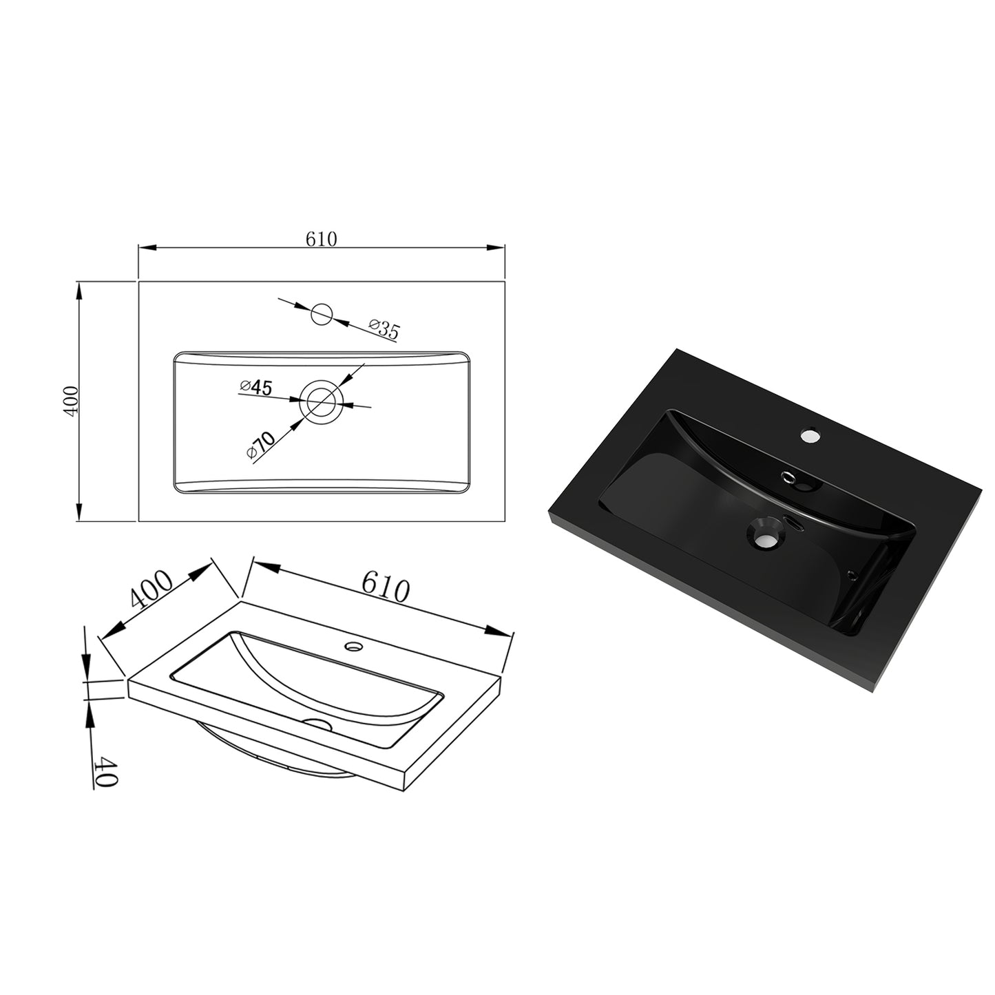 Badezimmer Badmöbel 60cm Schwarz Mineralguss Waschtisch mit Unterschrank Hängeschrank Dunkelgrau Matt Badezimmerschränke Badschrank mit 2 Soft-Close Türen