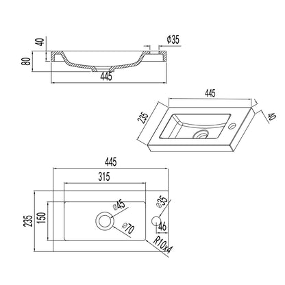 Waschtisch Waschbecken aus Kunststein Einbauwaschbecken Weiß 44.5x23.5x8cm