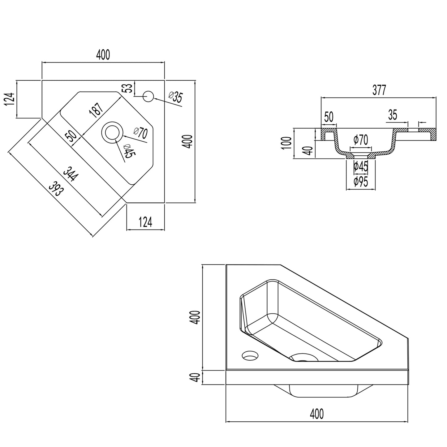 Waschtisch Waschbecken aus Kunststein Einbauwaschbecken 40x40x10cm Weiß
