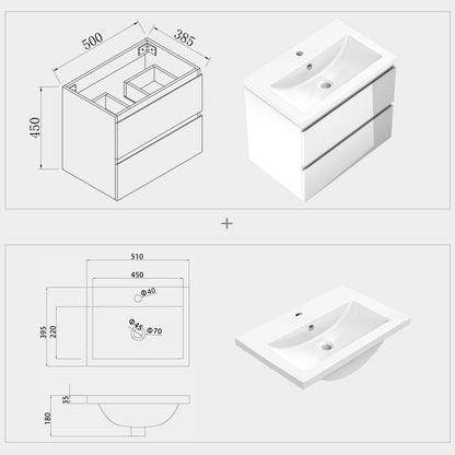 Badezimmermöbel 50cm Mineralguss Waschtisch mit Unterschrank Badmöbel set Badezimmerschränke mit 2 Soft-Close Schubladen Hochglanz Weiß