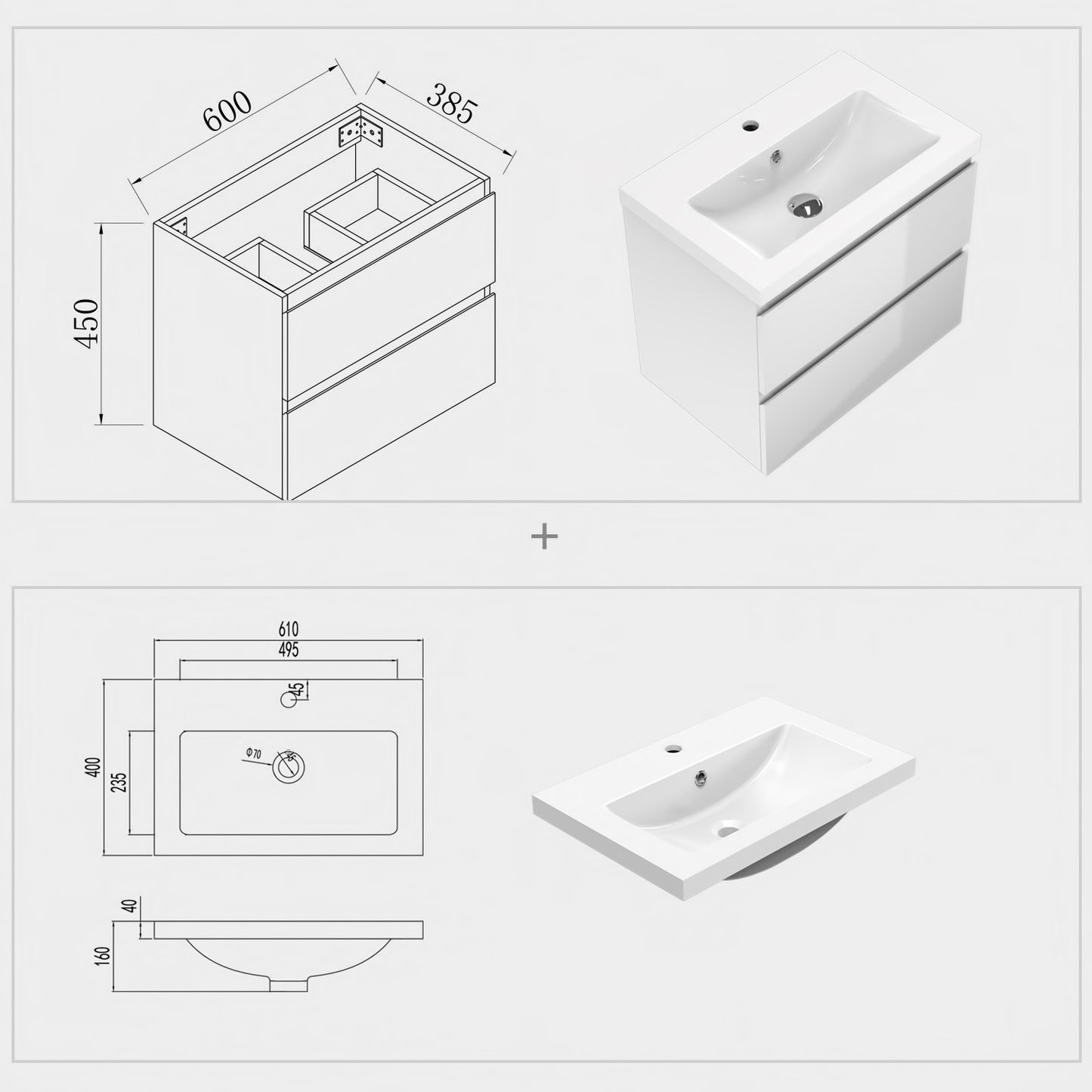 Badezimmermöbel 60cm Mineralguss Waschtisch mit Unterschrank Badmöbel set Badezimmerschränke mit 2 Soft-Close Schubladen Hochglanz Weiß