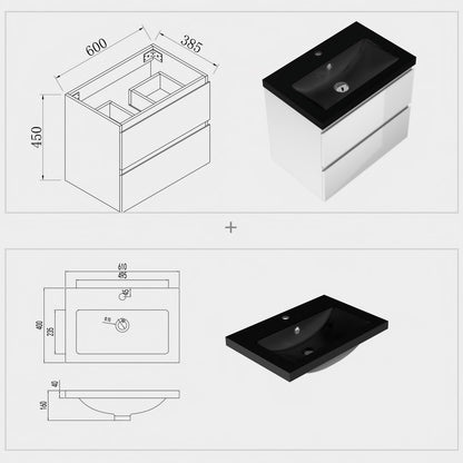Badezimmermöbel 60cm Schwarz Mineralguss Waschtisch mit Unterschrank Badmöbel set Badezimmerschränke mit 2 Soft-Close Schubladen Hochglanz Weiß