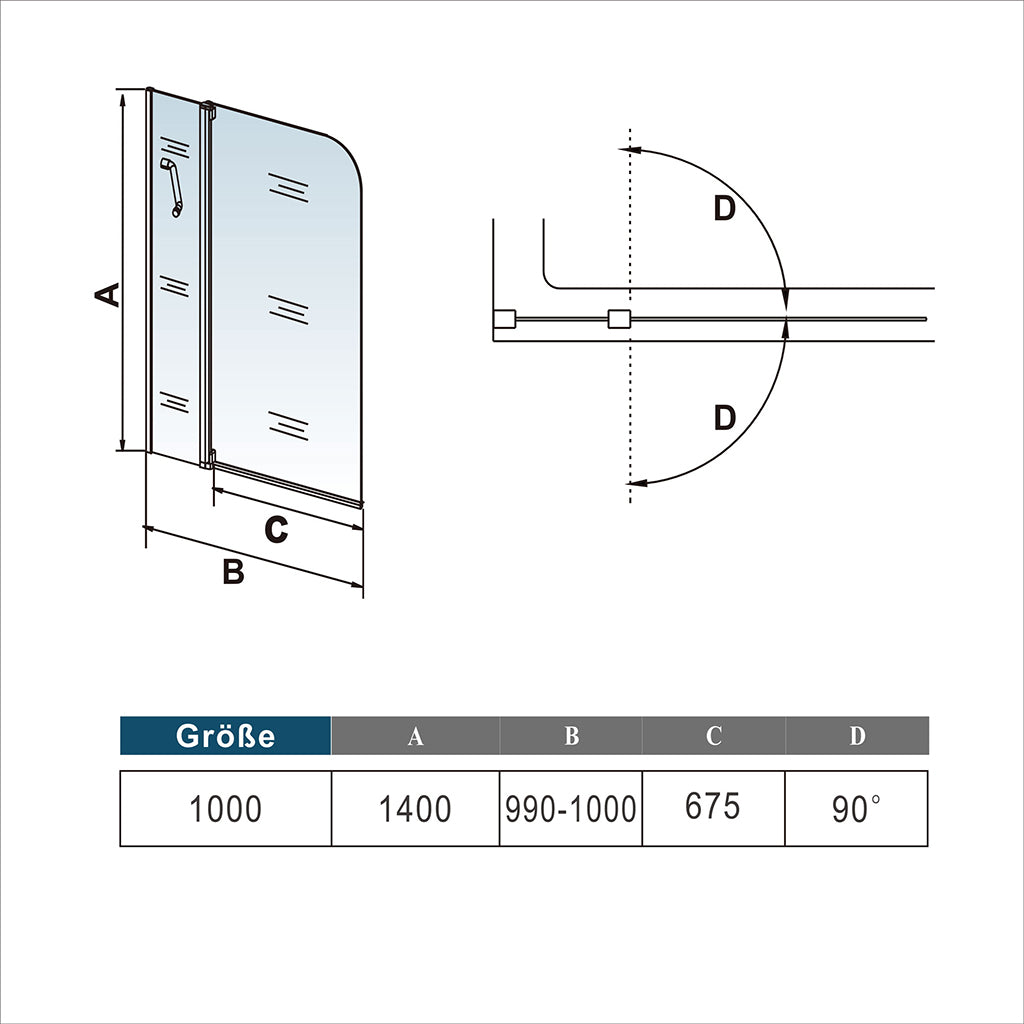 Duschabtrennung Badewannenaufsatz 100 x H.140 cm Duschwand Glasdusche ESG Sicherheitsglas Dimensions
