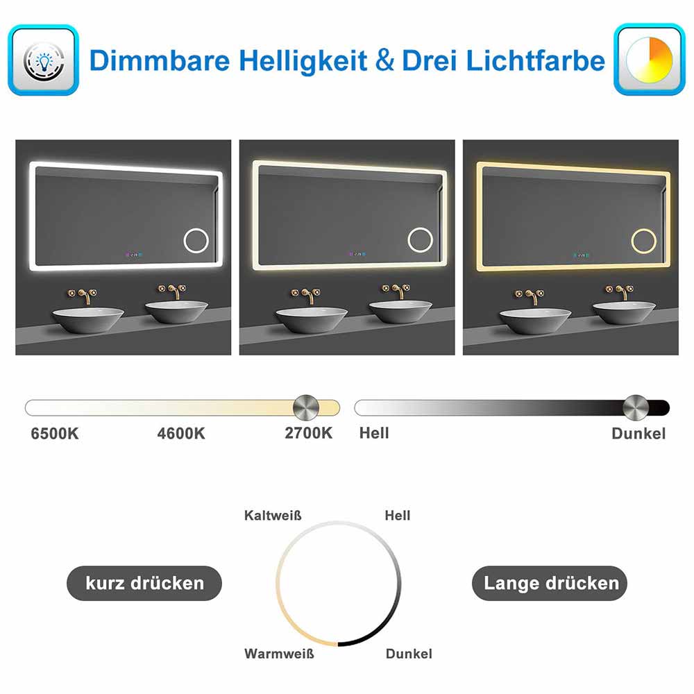 LED Spiegel 140x80 cm Uhr LED Schminkspiegel dimmbar Kalt/Neutral/Warmweiß TOUCH BESCHLAGFREI Wandspiegel