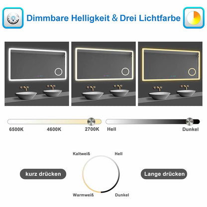 LED Spiegel 140x80 cm Uhr LED Schminkspiegel dimmbar Kalt/Neutral/Warmweiß TOUCH BESCHLAGFREI Wandspiegel