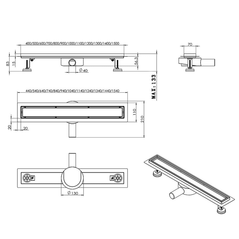 Duschrinne mit 360° drehbarem Siphon, befliesbarer Bodenablauf mit Geruchsstop und Haarsieb 80cm
