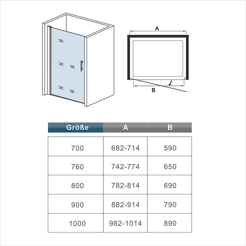Drehtür Nischentür Nischenduschtür 90 x H.197 mit Duschtasse / Duschwanne 100x90 cm Duschabtrennung Glas Dimensions