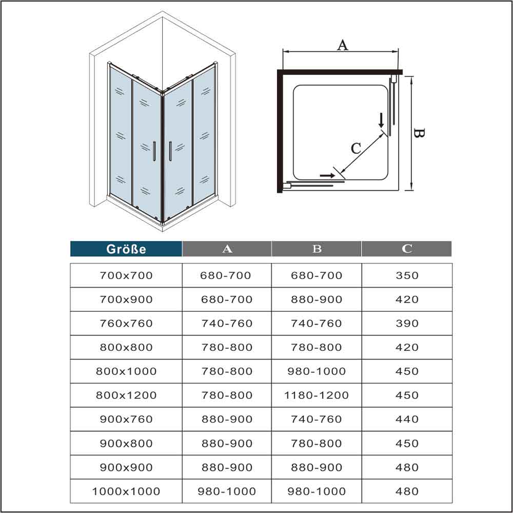 Glasschiebetür Schiebetür Eckeinstieg 90 x H.185 cm Duschtür Ebenerdig Duschabtrennung Sicherheitsglas Dusche Dimensions