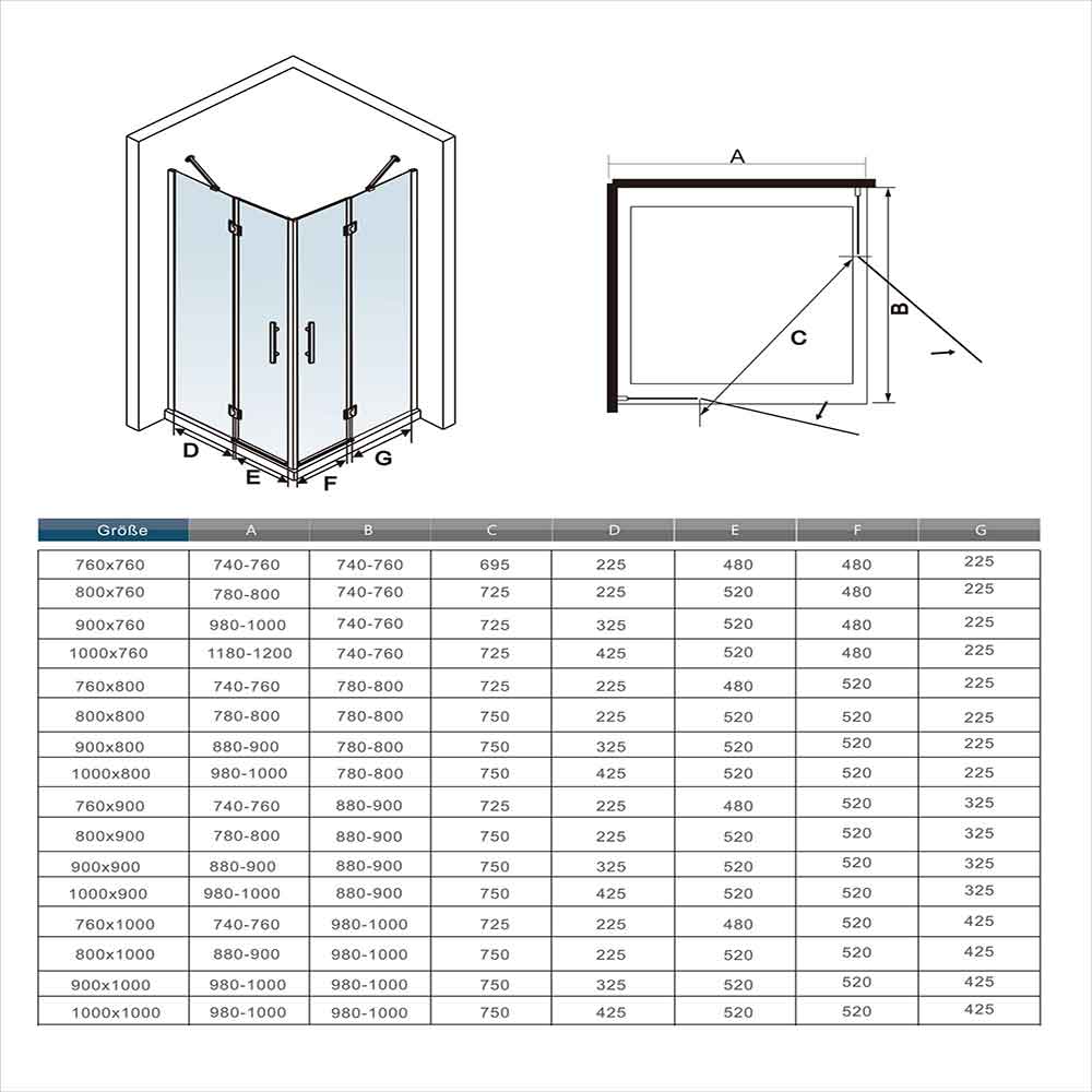 Duschkabine 80x80 x H. 195 cm Drehtür Dusche Eckeinstieg mit Duschwanne Duschabtrennung Glasdusche Dusche Ebenerdig Dimensions