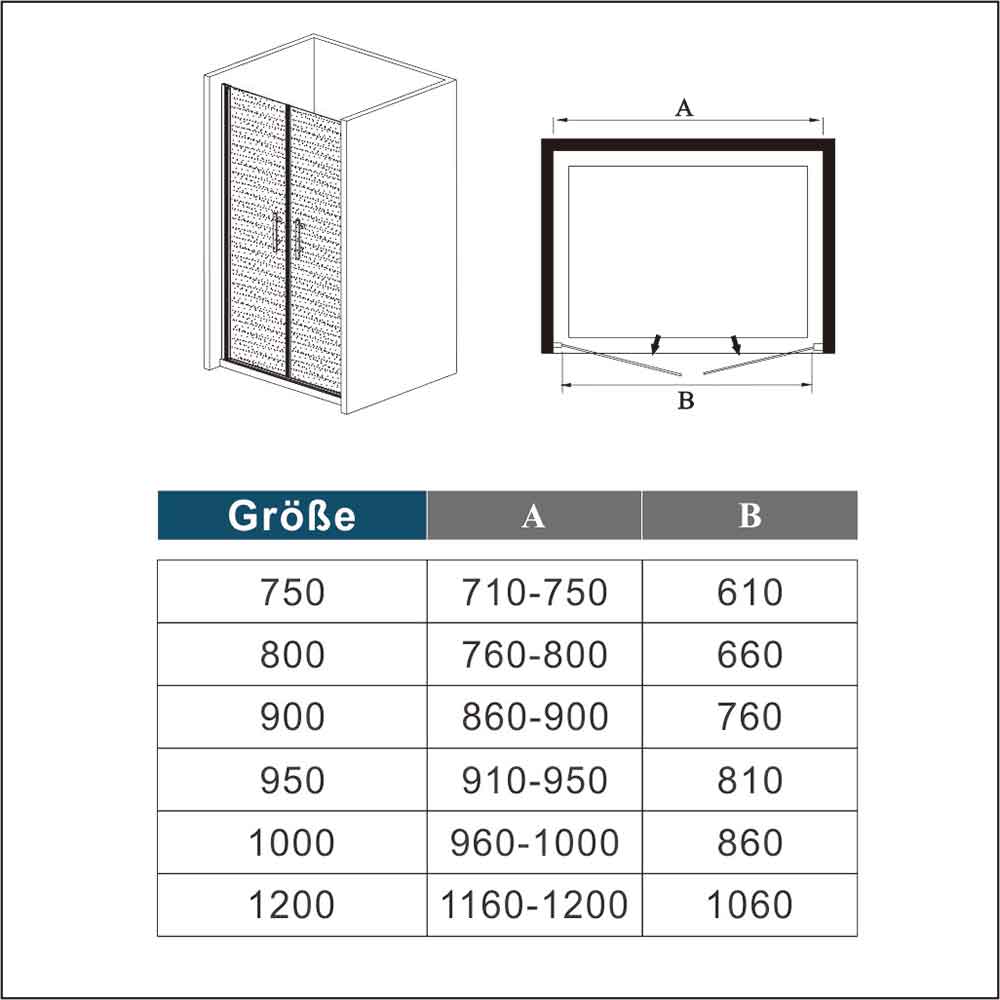 Doppeltür Pendeltür Nischentür Nischenduschtür Duschtür ebenerdig 100 x H.195 cm Duschabtrennung Glas Dimensions