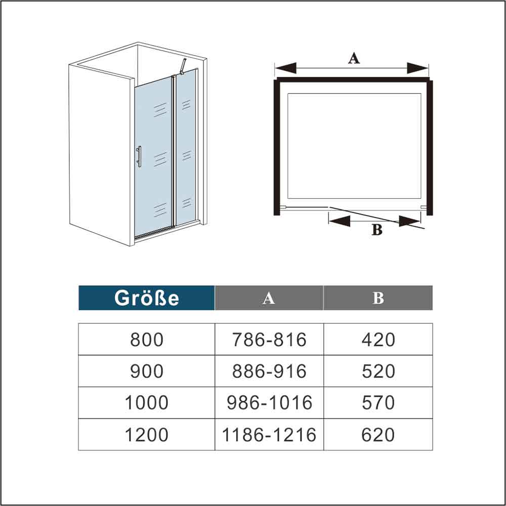 Drehtür Nischentür Nischenduschtür Duschtür 100 x H.195 mit Duschtasse / Duschwanne 100x90 cm Duschabtrennung Glas Dimensions