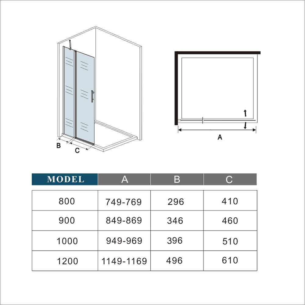 Duschabtrennung aus Sicherheitsglas Walk In Drehtür 76 x H.195 cm Duschtür Ebenerdig Dusche Dimensions