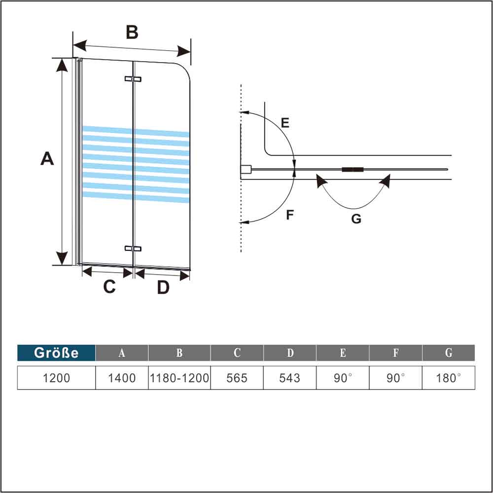Badewannenfaltwand Badewannenaufsatz 120 x H.140 cm NANO Sicherheitsglas Duschabtrennung für Badewanne Dimensions