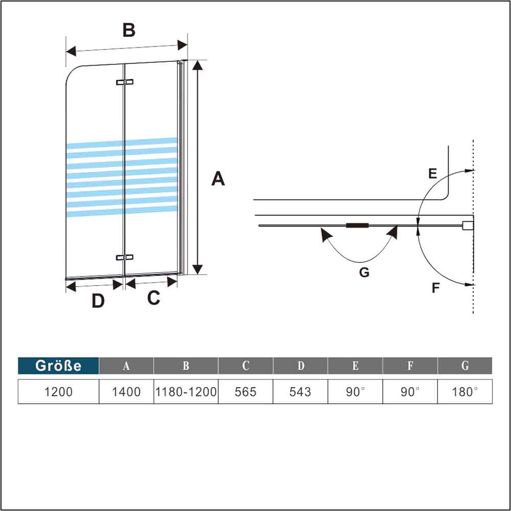 Duschabtrennung Badewannenfaltwand Badewannenaufsatz 120 x H.140 cm Duschwand NANO Sicherheitsglas Dimensions